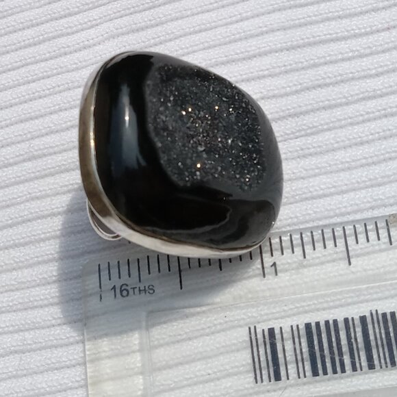 Druzy Black Tourmaline Adjustable 925 Silver Statement Ring - Picture 5 of 5